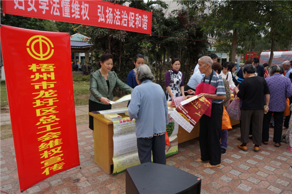龍圩區(qū)總工會(huì)在2015年3月開(kāi)展迎&ldquo;三八&rdquo;婦女維權(quán)月普法活動(dòng)，以&ldquo;婦女法治懂維權(quán)，頌揚(yáng)法治促和諧&rdquo;為指導(dǎo)思想，開(kāi)展了以&ldquo;